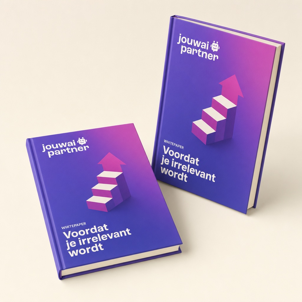 Twee exemplaren van de whitepaper Voordat je irrelevant wordt, eentje plat en eentje rechtop